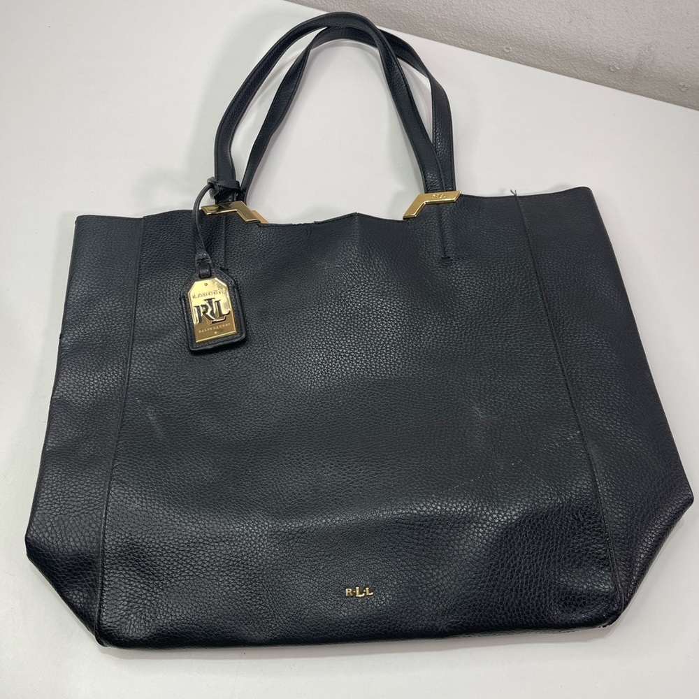 Lauren Ralph Lauren Black Tote Bag Faux Pebble Leather Gold Logo Tag Charm